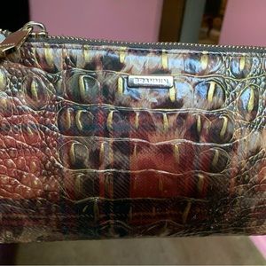 Brahmin Daisy wristlet carries multiple misc items. Colors brown red green gold